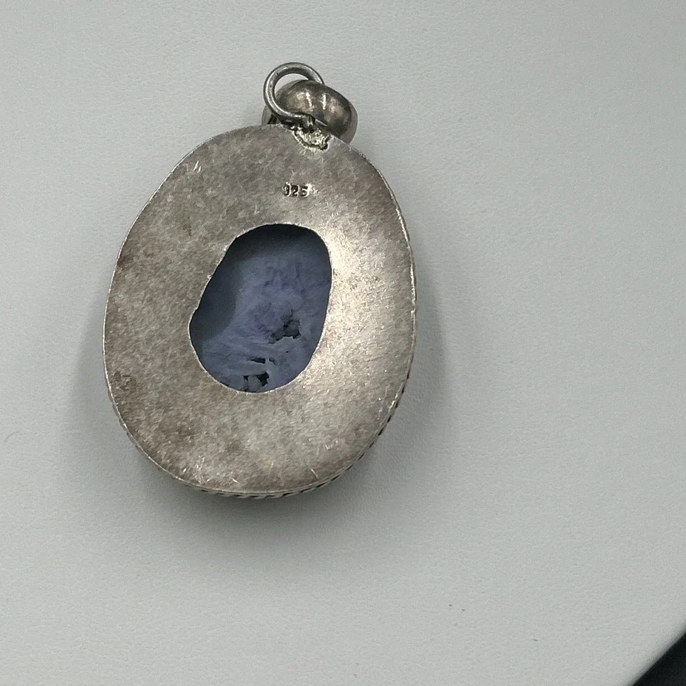Vintage Sterling‎ Silver Chunky Deep  Blue Druzy Quartz Pendant 2